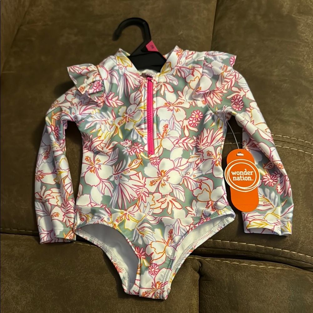 Wonder Nation Pink and White Rashguard with Floral Design